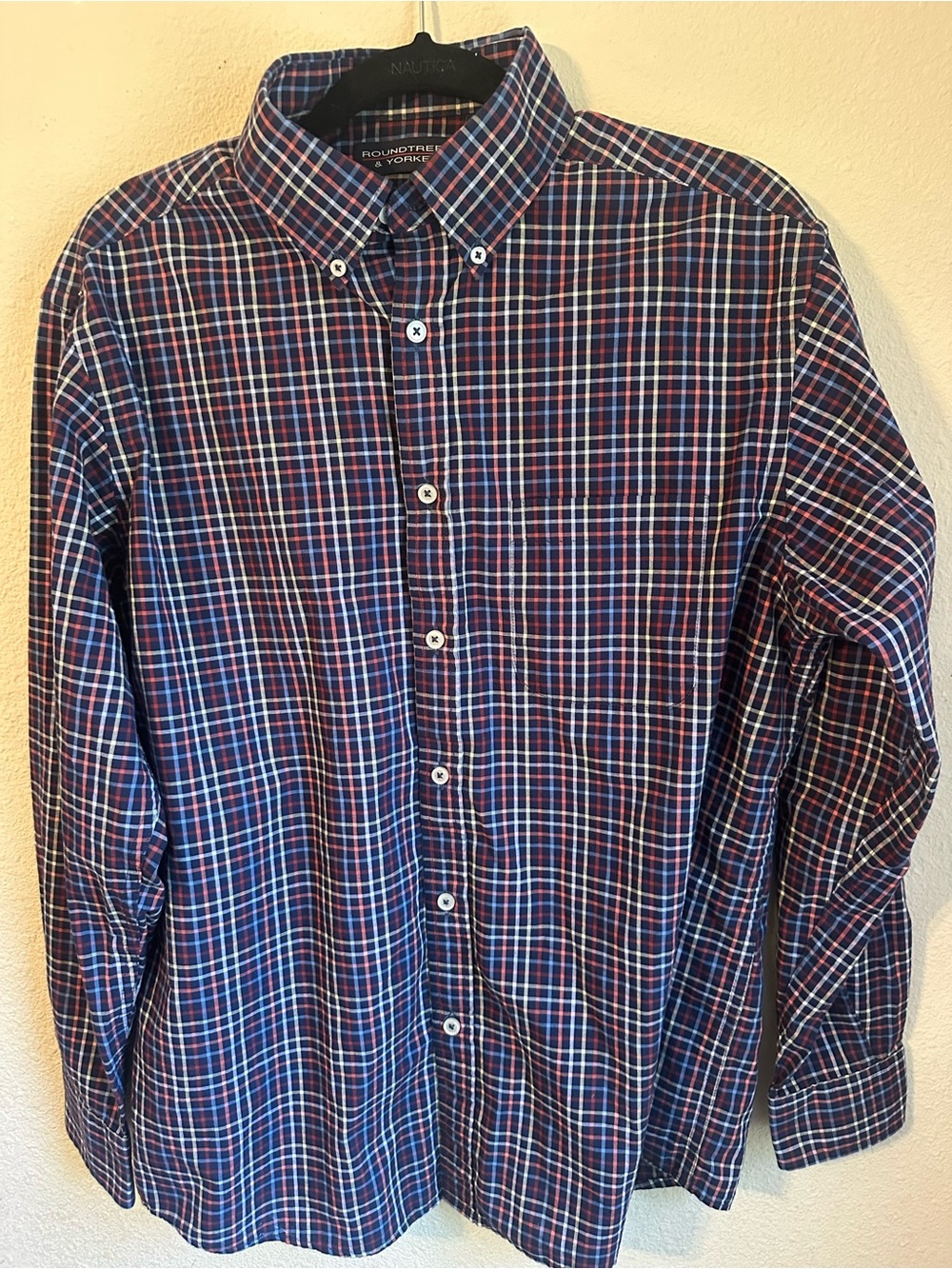 Roundtree and Yorke Navy, Red and White Plaid Button-Down Shirt